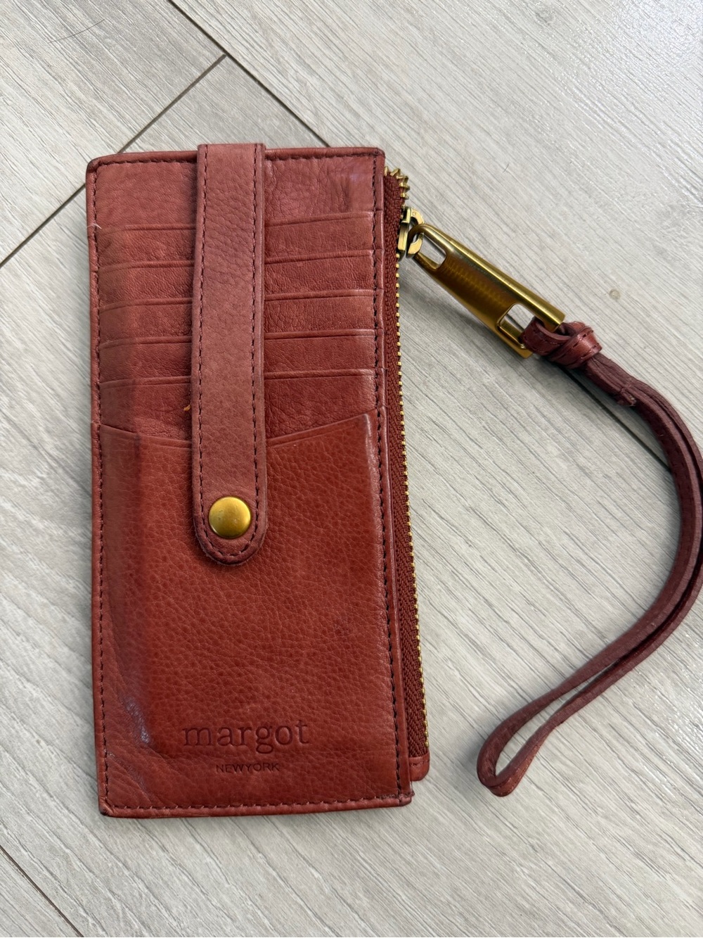 margot Rust Brown Leather Wristlet Card Wallet with Gold Hardware